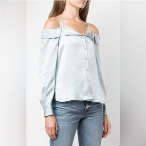 NWT Jonathan Simkhai Caylee Silk Blouse Ice Baby Blue Lace Cream Off Shoulder M‌